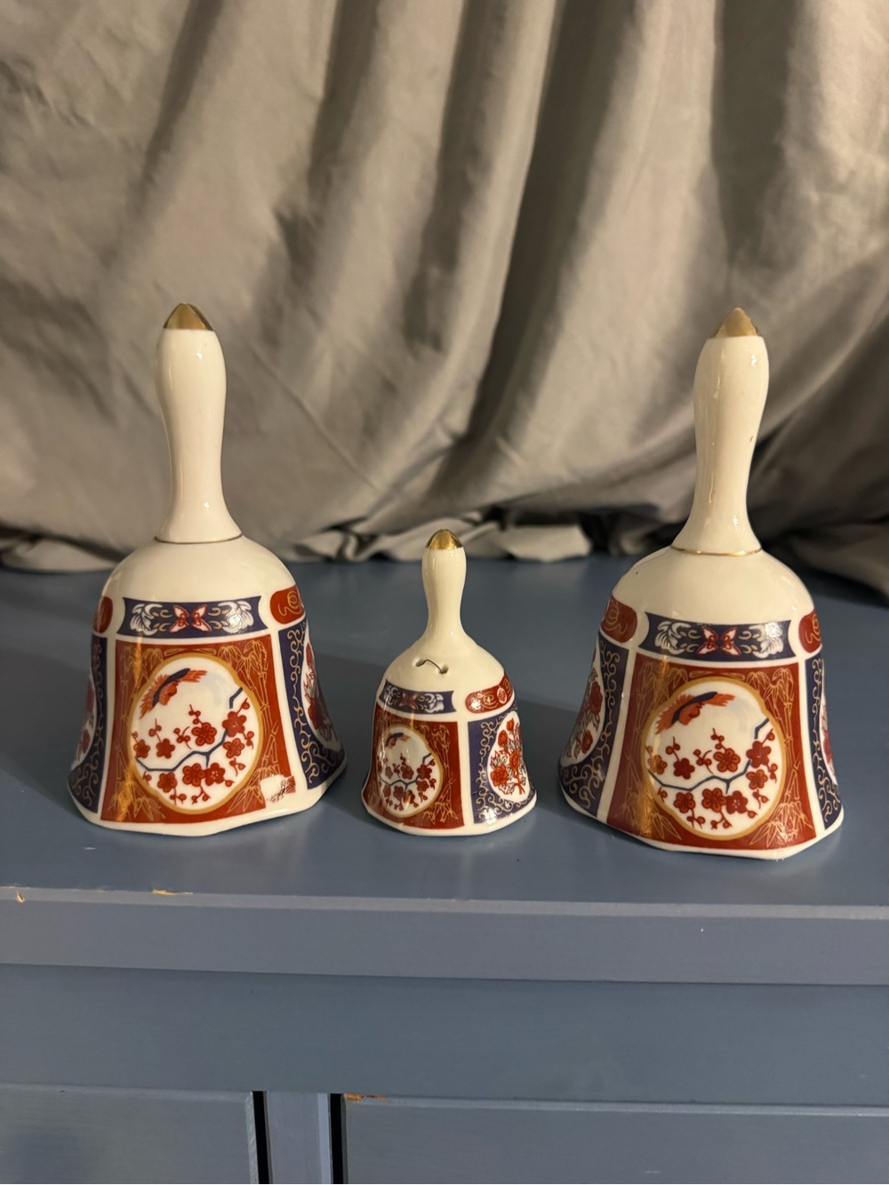 Set of 3 Decorative Porcelain Bells with Red and Blue Floral Panels
